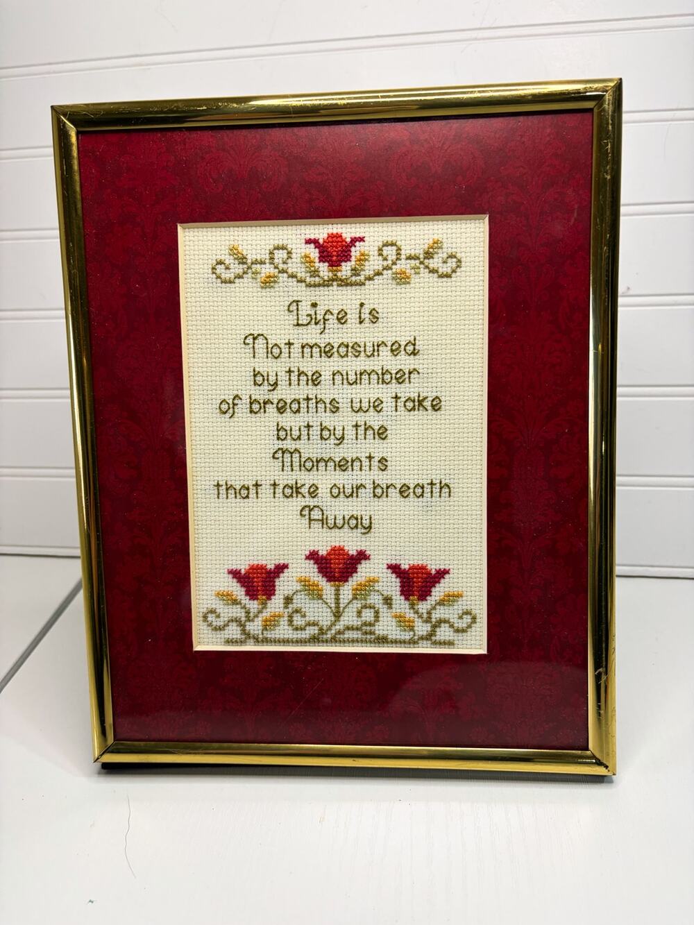 Brass Framed Finished Cross Stitch Life Not Measured by Number Of Breaths 8X10